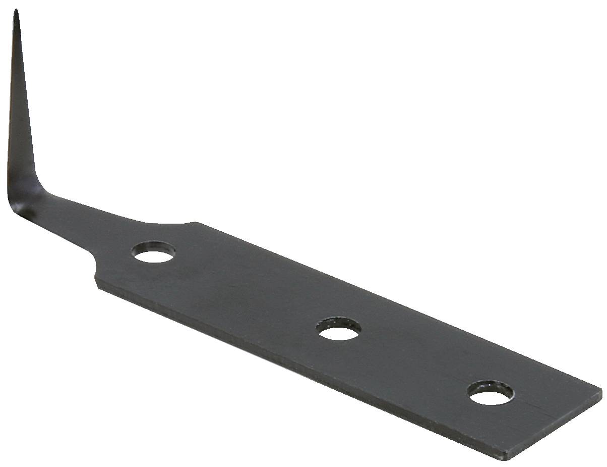 Ein schwarzer Metallhaken mit drei Löchern auf einer flachen Basis. Möglicherweise Teil eines Montagesystems oder Werkzeugs.