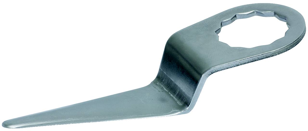 Metallschlüssel zum Entfernen von Sicherheitsverschlüssen an Flaschen. Flacher Griff mit gezahnter Öffnung und spitzem Ende.