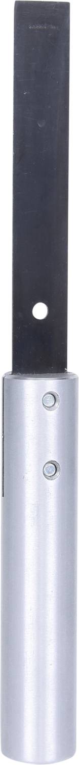 Ein schwarzer Klingenschneider mit silbernem Griff und zwei sichtbaren Schrauben.