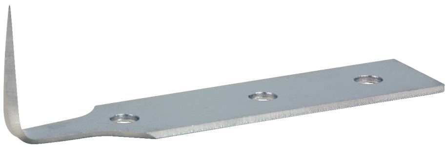 Ein flaches, metallisches Werkzeug mit schmalem, gebogenem Ende und drei Löchern in der Mitte.