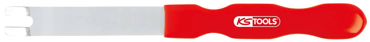 Rotes Kunststoff-Werkzeug mit Metallspitze, geeignet zum Entfernen von Zierleisten. Markenname 'KS Tools' auf der Griffseite.