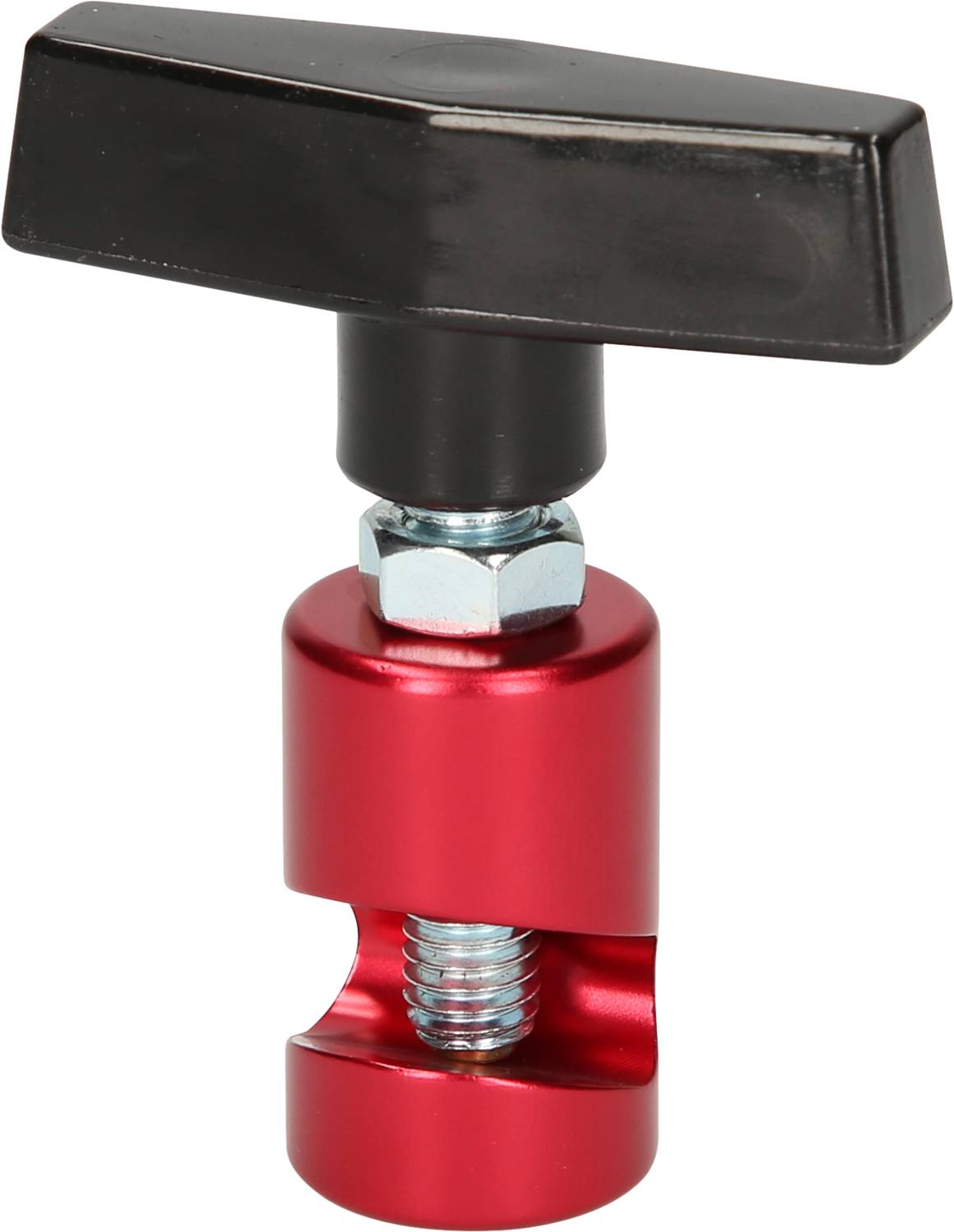 Metallischer Werkzeugadapter mit roter Basis und schwarzem T-Griff, geeignet zum Fixieren oder Justieren von Maschinen- oder Fahrzeugteilen.