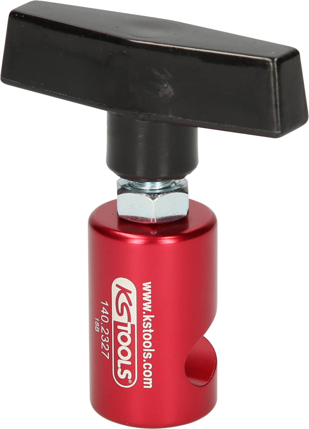 Ein Werkzeug mit rotem zylindrischem Griff und schwarzem T-förmigen Hebel. Beschriftung: 'KS Tools, www.kstools.com'.