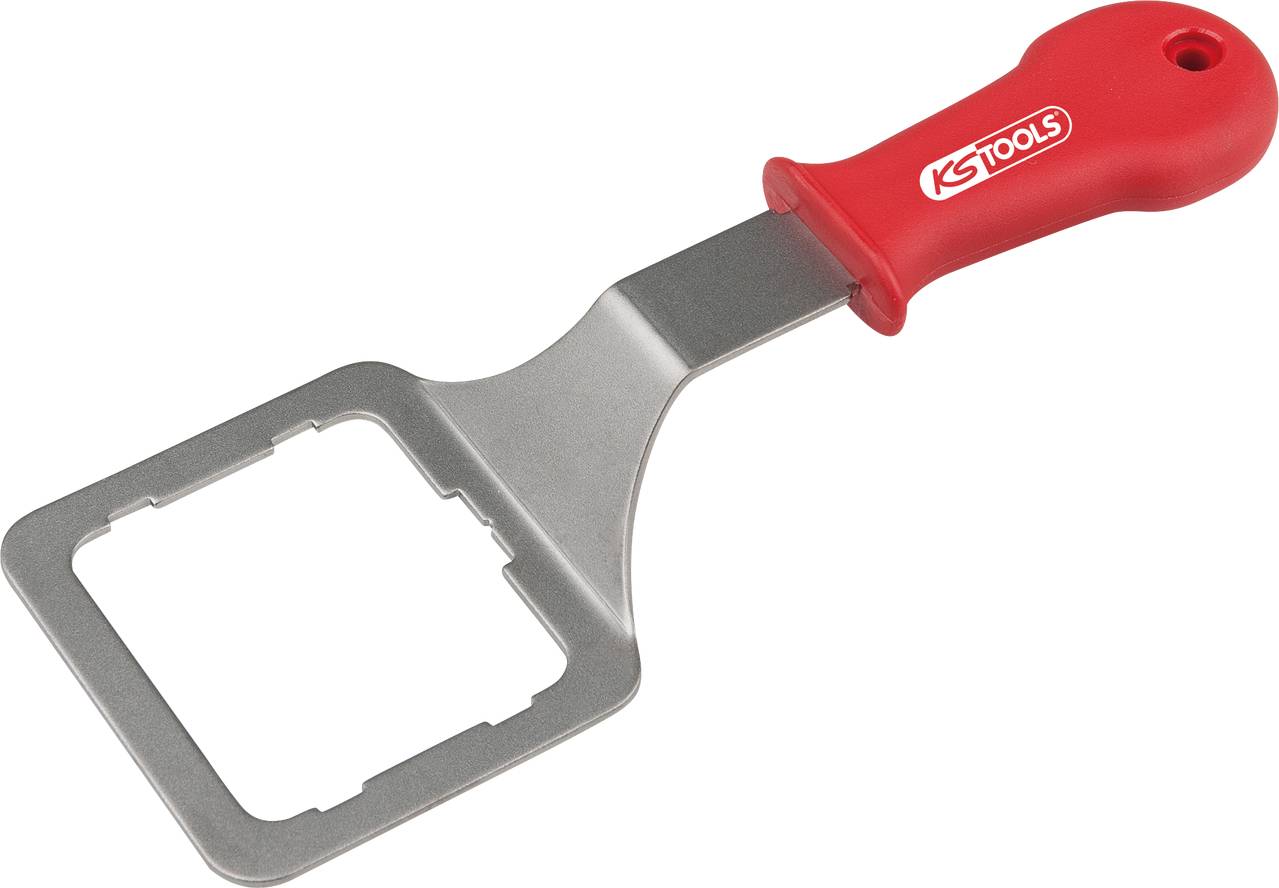 Metallschaber mit rotem Griff, verwendet für präzise Abkratzarbeiten.