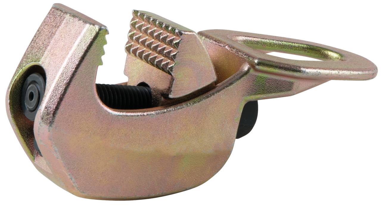 Metallische Klemme mit gezacktem Greifer, vermutlich für Kabel oder Rohre. Sie hat einen Schraubenmechanismus zur Befestigung.