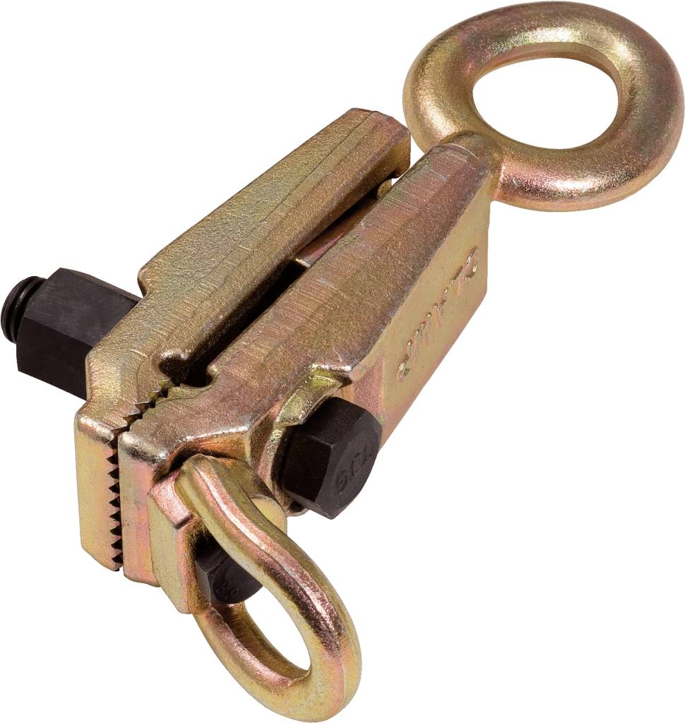 Ein metallischer Klemmenhalter mit zwei Ösen und geriffelter Oberfläche, vermutlich für schwere Hebearbeiten oder Zugaufgaben geeignet.