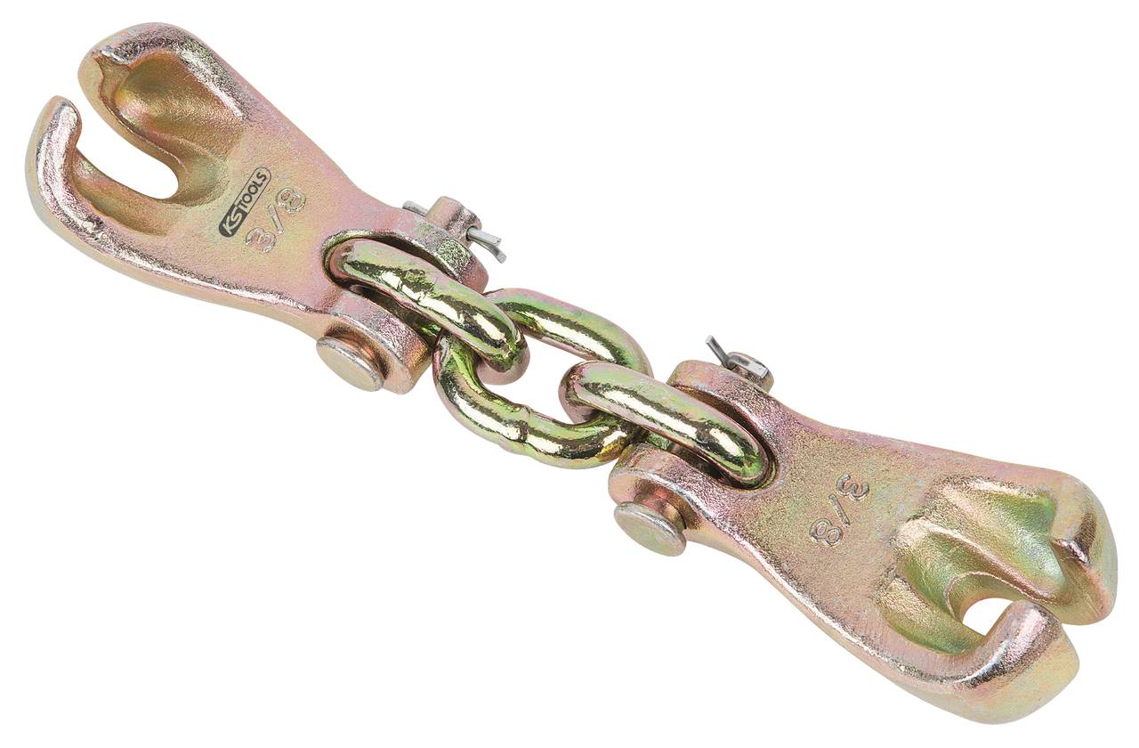Metallische Verbindung mit zwei Haken und einer Kette, geeignet zur sicheren Befestigung und Zugbedingungen, rostbeständig.