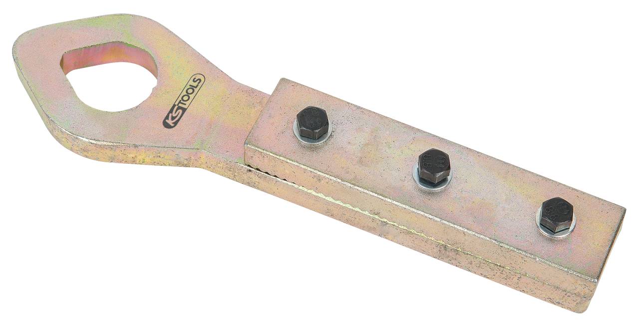 Ein flacher Metallwerkzeugkopf mit zwei Bolzenlöchern an einem kurzen Griff. Es wird häufig als Schraubenschlüssel verwendet.
