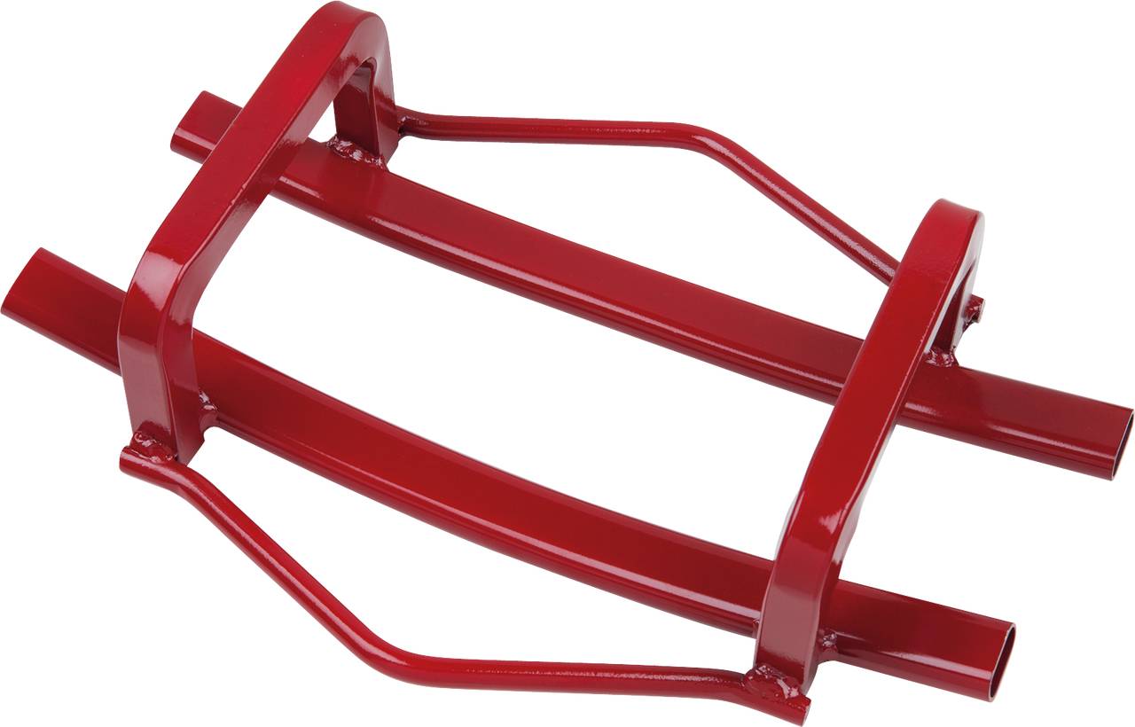Ein rotes, symmetrisches Metallgestell mit zwei gebogenen Streben und Querverbindungen, möglicherweise ein Teil eines Gerüsts oder Rahmens.