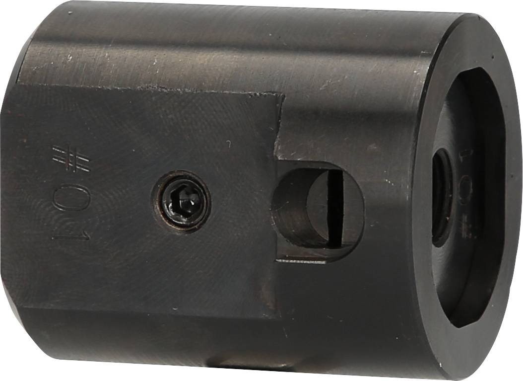 Zylindrisches Metallteil mit seitlicher Schraube und Einkerbungen.