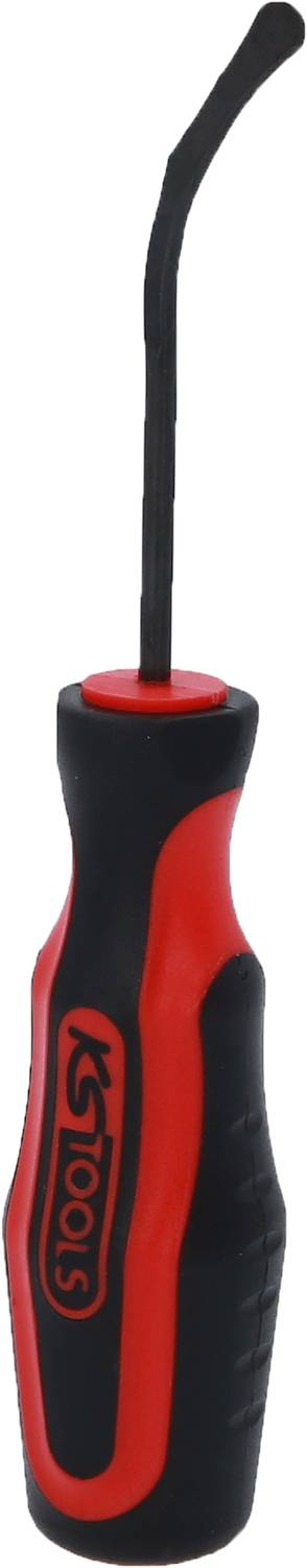 Ein rot-schwarzer Schraubenzieher mit ergonomischem Griff und gebogenem Metallkopf, geeignet für präzise Arbeiten.