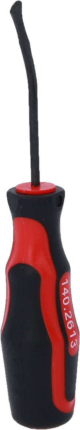 Ein rot-schwarzer Schraubendreher mit ergonomischem Griff und gebogener Spitze.