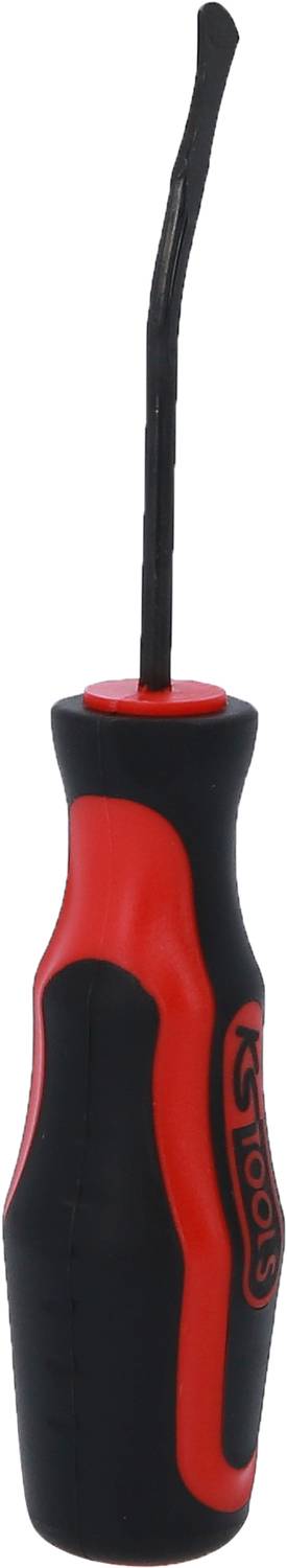 Schwarzer und roter Schraubendreher mit einem gebogenen Flachkopf, geeignet zum Lösen spezieller Schrauben in der Elektronik.