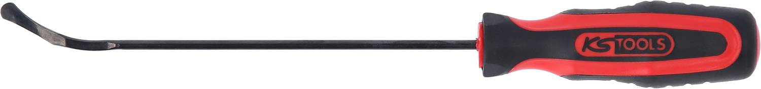 Schwarz-roter Schraubendreher mit gebogener Spitze, geeignet für präzises Hebeln und Ziehen von Kleinteilen. Markenname 'KS Tools' auf Griff.