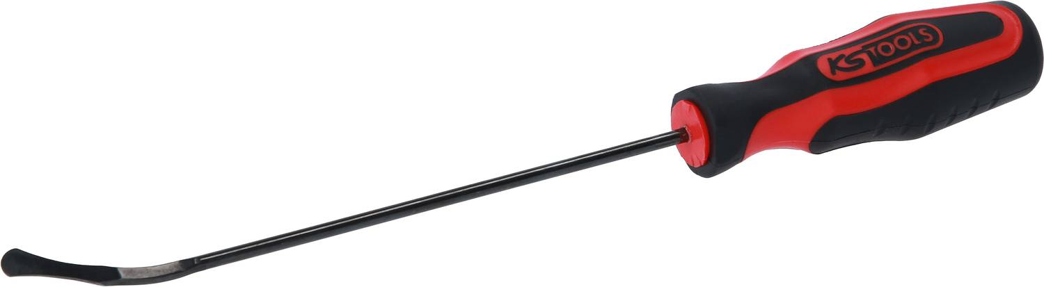 Langes Handwerkzeug mit schwarzem Metallstab und rotem, ergonomischem Griff. Verwendet für präzise Arbeiten oder Hebelwirkungen.