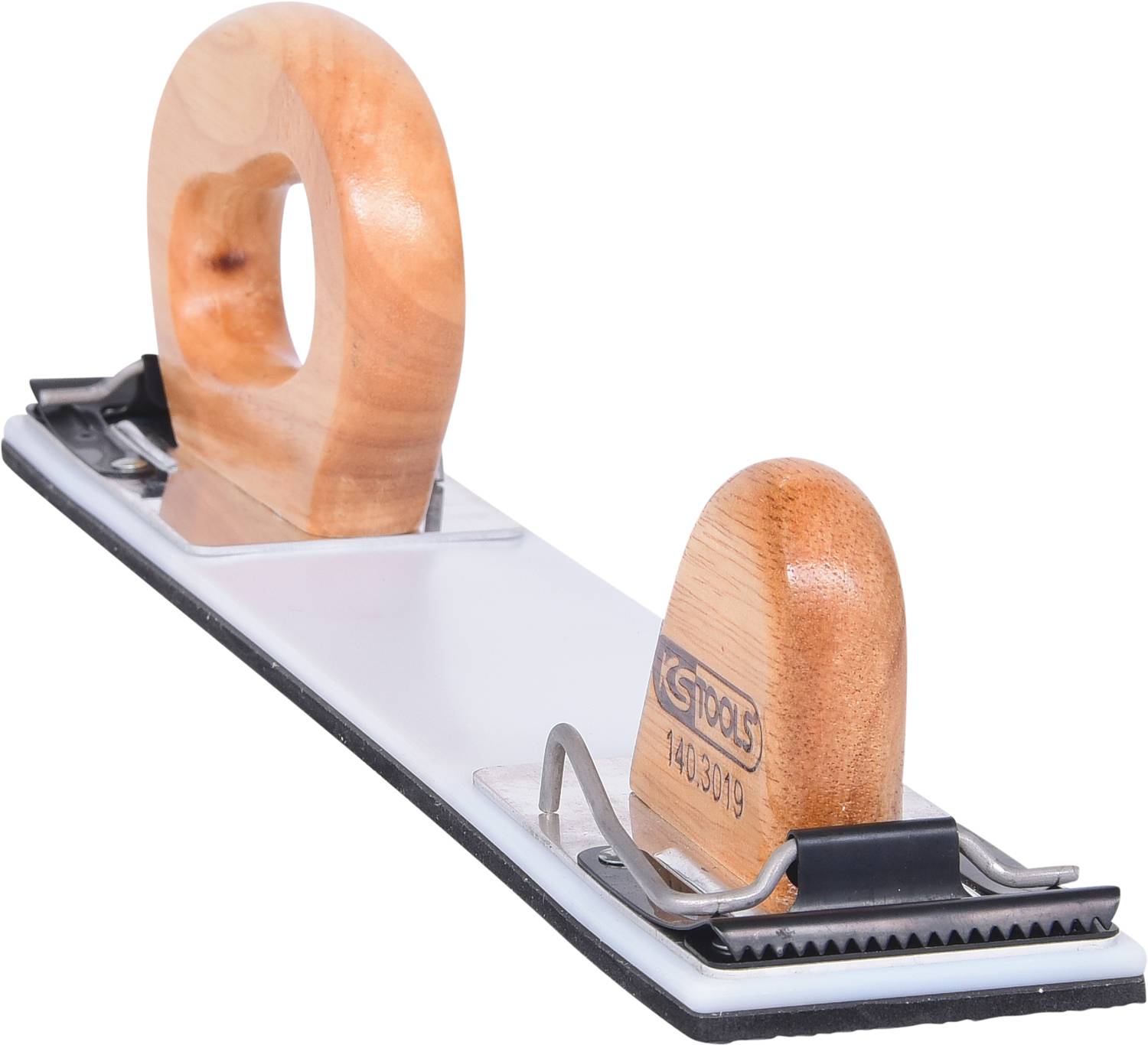 Fliesenlegerspachtel mit zwei Holzgriffen, Metallrahmen, rechteckig.