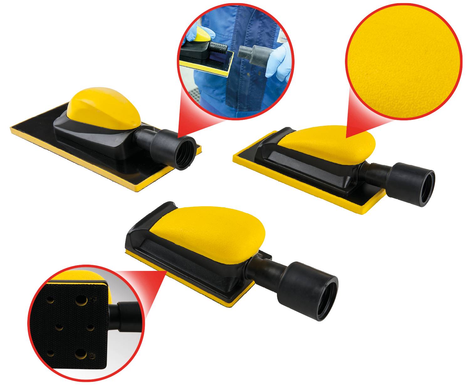 Handschleifgerät mit ergonomischem Griff, gelber Oberfläche und austauschbarem Schleifpapier. Detailansichten zeigen Struktur und Anwendung.
