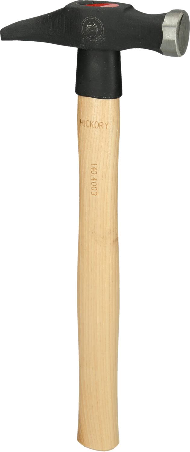 Ein Hammer mit Holzgriff und schwarzem Metallkopf, geeignet für handwerkliche Arbeiten.