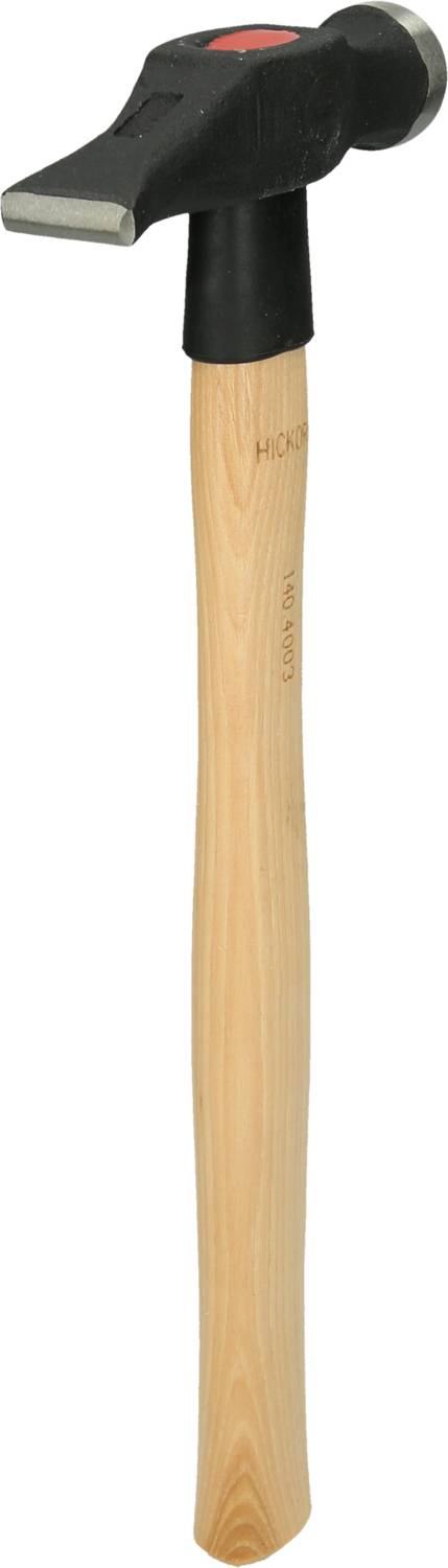 Ein Hammer mit Holzgriff und schwarzem Kopf, geeignet für handwerkliche Arbeiten.