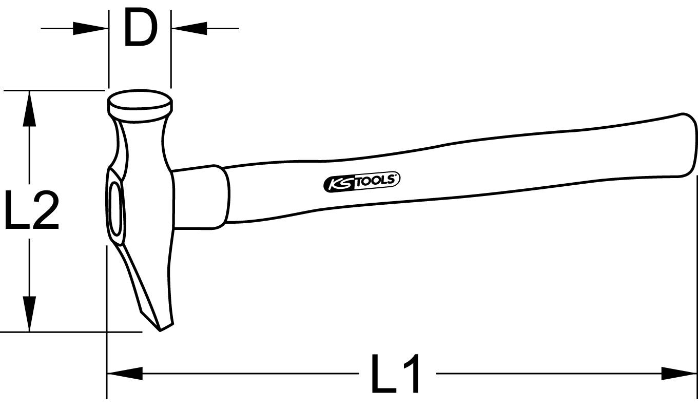 Zeichnung eines Hammers mit Beschriftung L1, L2 und D für Maße. Logo von KStools auf dem Griff.