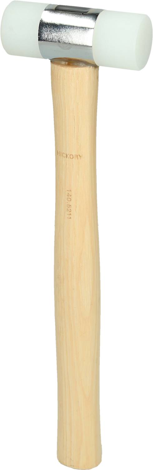 Ein Gummihammer mit hellbraunem Holzgriff und weißem Gummikopf. Ideal zum schonenden Hämmern ohne Beschädigungen.
