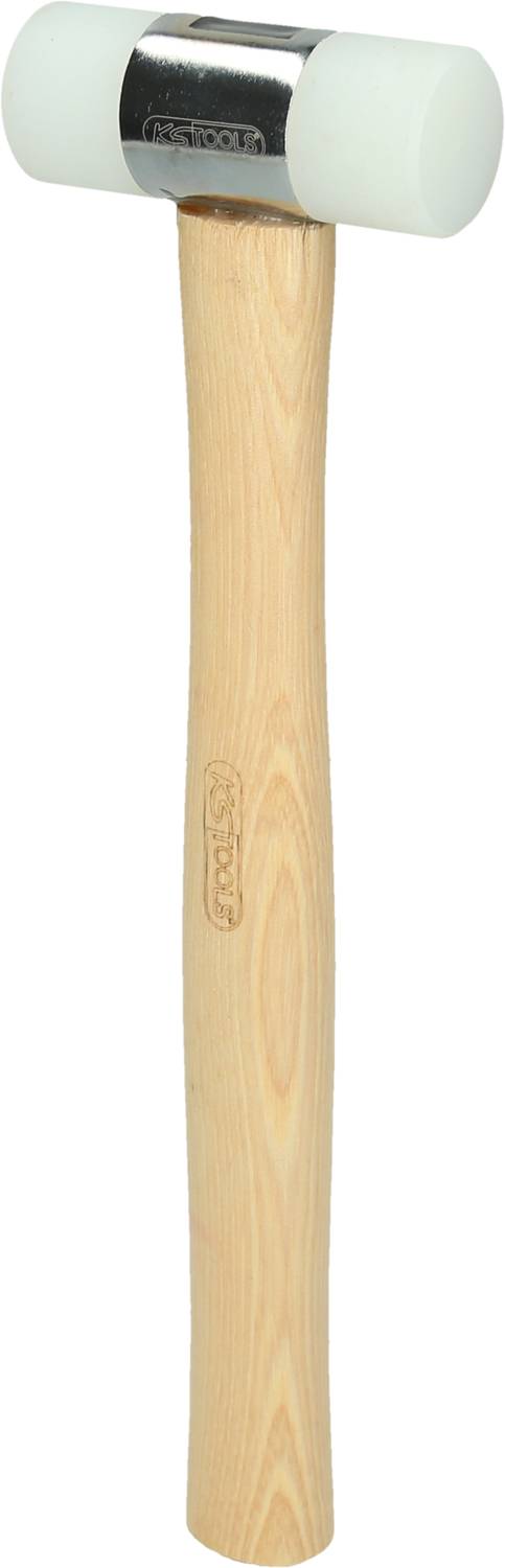 Ein Gummihammer mit hellem Holzgriff und weißem Kopf, geeignet für Arbeiten, die schonenden Einsatz erfordern.