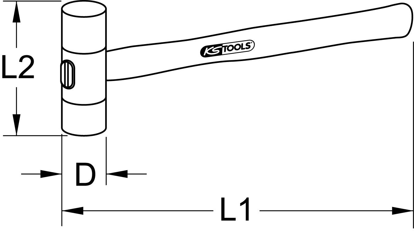 Zeichnung eines Fäustel mit den Maßen L1, L2 und D. Der Hammer hat eine doppelseitige Oberfläche und einen Griff mit der Aufschrift 'KS Tools'.