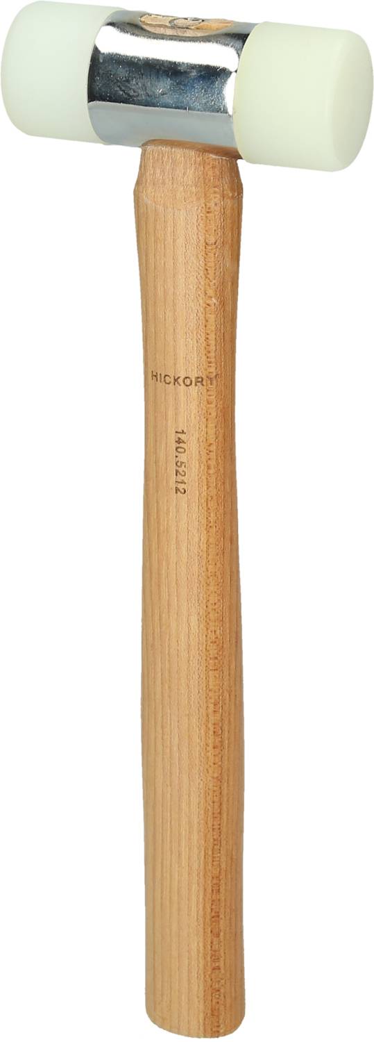 Holzgriff-Gummihammer mit zwei weißen Gummiköpfen für schonendes Hämmern auf empfindlichen Oberflächen.