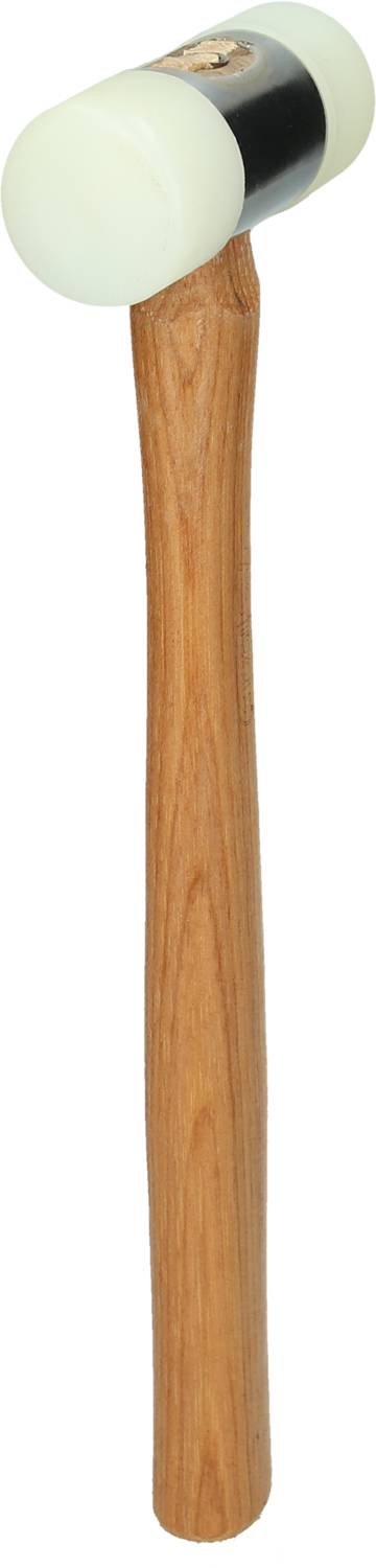 Ein Hammer mit einem glatten, weißen Gummikopf und einem Holzgriff, geeignet für schonendes Arbeiten ohne Beschädigungen.