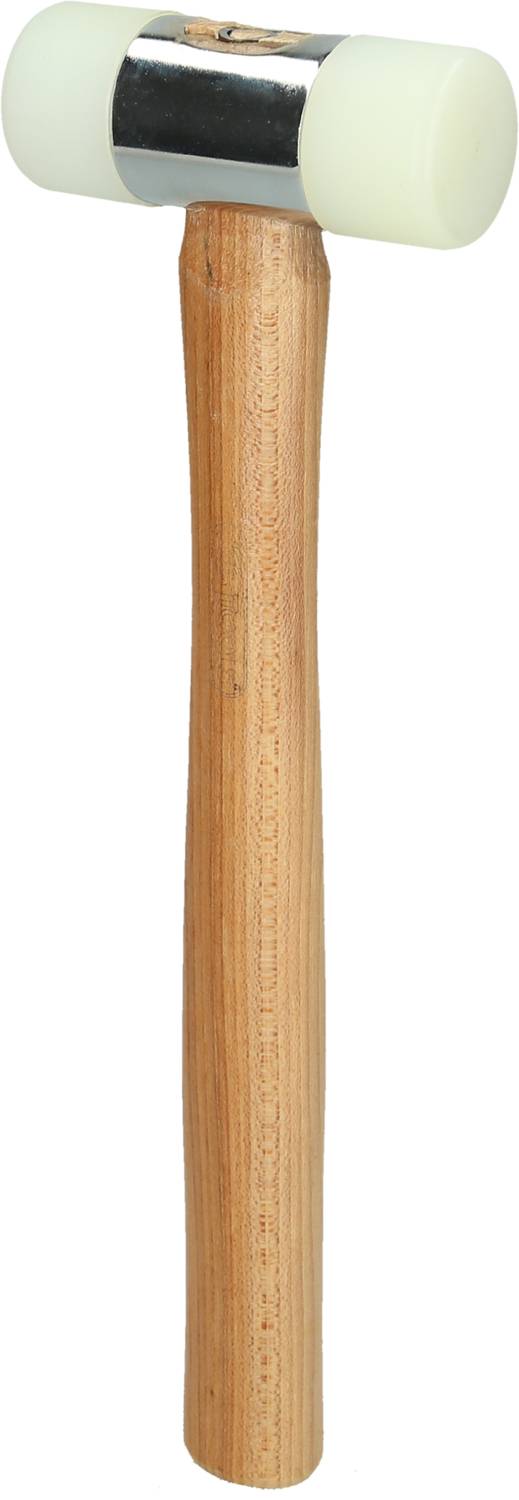 Ein Hammer mit Holzgriff und weißen Gummiköpfen an beiden Enden, geeignet zum Schlagen ohne Oberflächenbeschädigung.