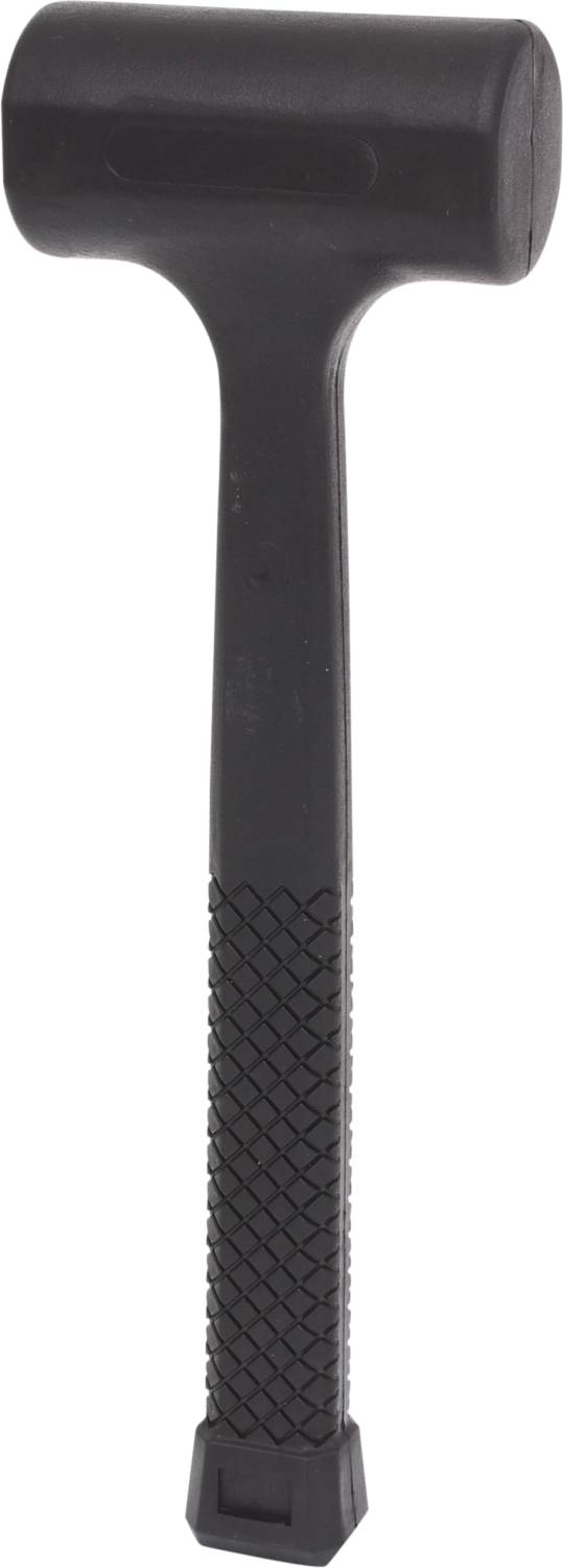 Ein schwarzer Kunststoffhammer mit einem runden Kopf und einem geriffelten Griff. Geeignet für Arbeiten, die schonende Schläge erfordern.