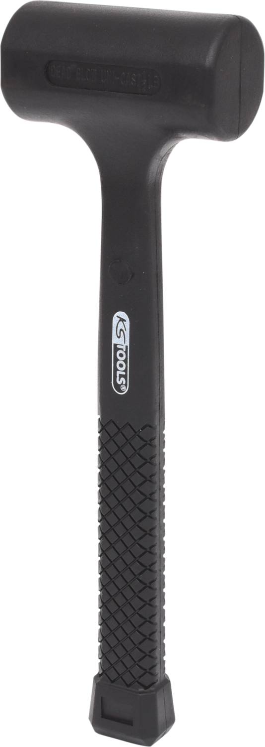 Schwarzer Gummihammer mit geriffeltem Griff und Logo. Verwendet für schonendes Klopfen auf empfindlichen Oberflächen.