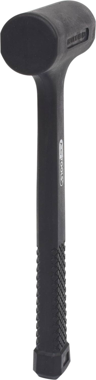 Ein schwarzer Schonhammer mit einem runden Kopf und rutschfestem Griff, geeignet für Arbeiten, die stoßempfindliche Materialien erfordern.