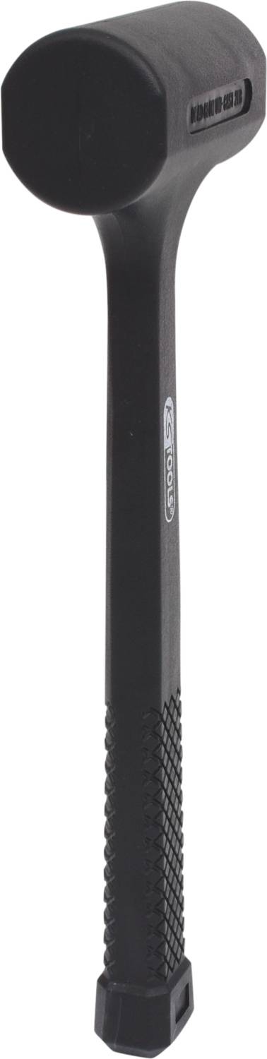 Ein schwarzer Gummihammer mit langem Griff auf weißem Hintergrund. Der Griff hat eine geriffelte Textur für besseren Halt.