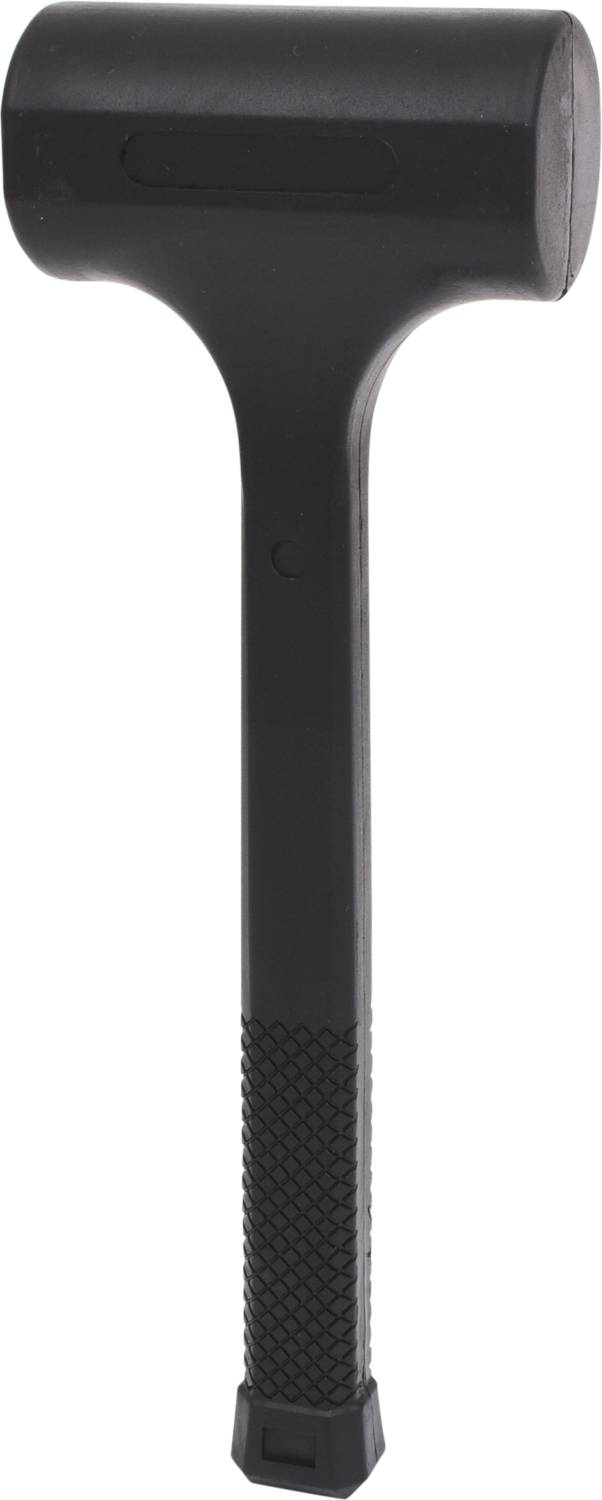 Ein schwarzer Kunststoffhammer mit strukturiertem Griff für rutschsicheren Halt.