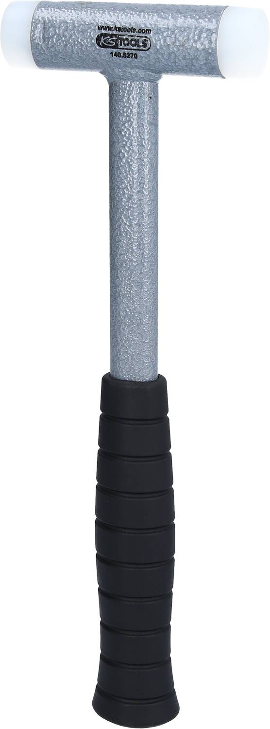 Ein silberner Hammer mit schwarzem Griff, geeignet für Arbeiten, die keine Funkenbildung oder Beschädigung von Oberflächen erfordern.