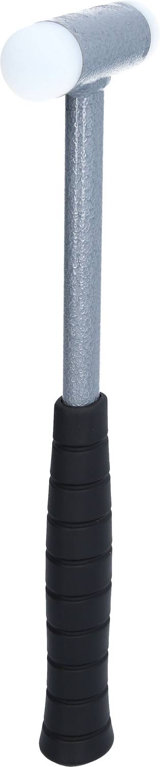 Gummihammer mit silbernem Kopf und schwarzem, geriffeltem Griff in Nahaufnahme, aufrecht stehend.