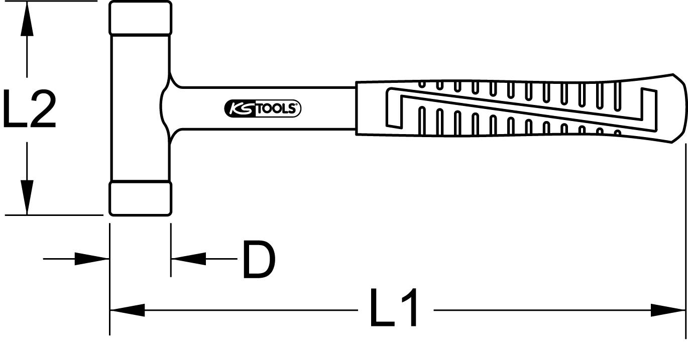Hammer mit T-förmigem Kopf mit Länge L2, Grifflänge L1 und Durchmesser D. Griff mit rutschfestem Muster, Marke KS Tools.