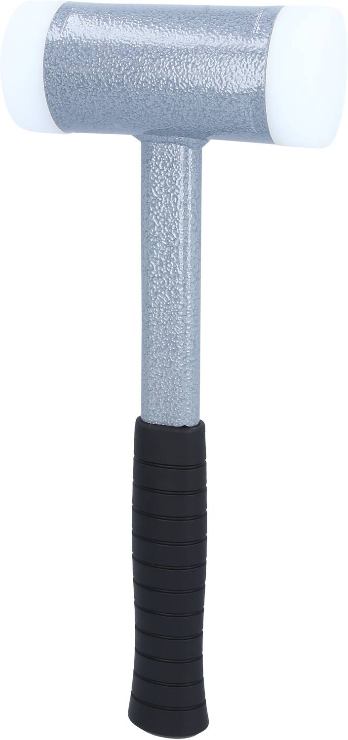 Gummihammer mit silbernem Kopf und schwarzem, geriffeltem Griff. Wird oft verwendet, um Schlagspuren auf empfindlichen Oberflächen zu vermeiden.