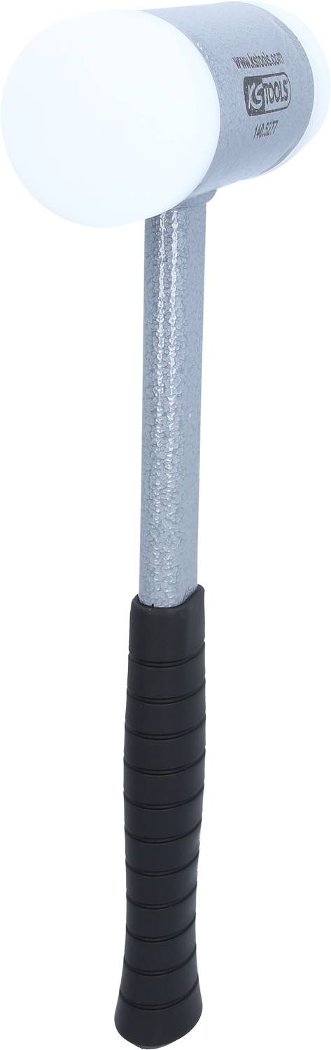 Ein runder Schonhammer mit gummiertem Griff und silbernem Stiel. Ideal für Arbeiten, die keine Kratzer oder Dellen hinterlassen sollen.