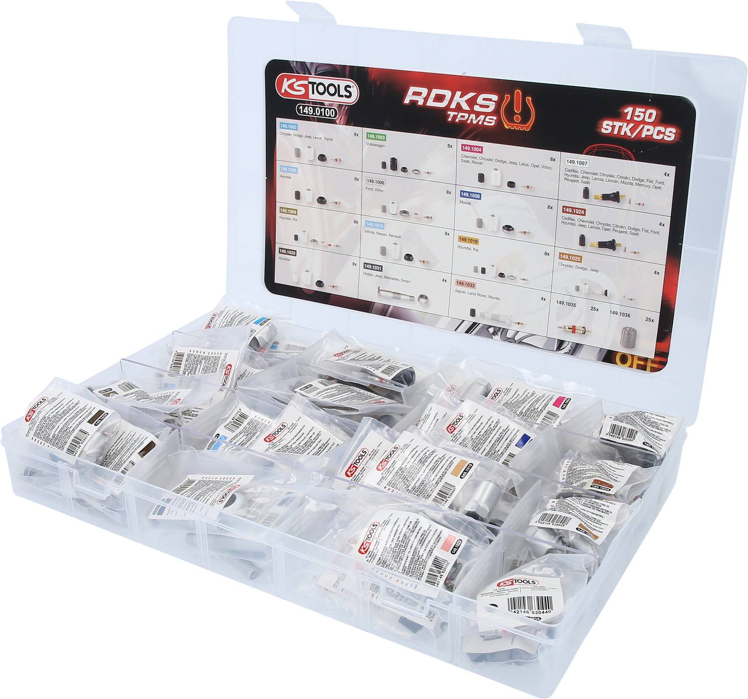 Plastikbox mit 150 Reifendruckkontrollsystemteilen von KS Tools. Die Box zeigt eine Übersichtstabelle mit verschiedenen Artikeln.