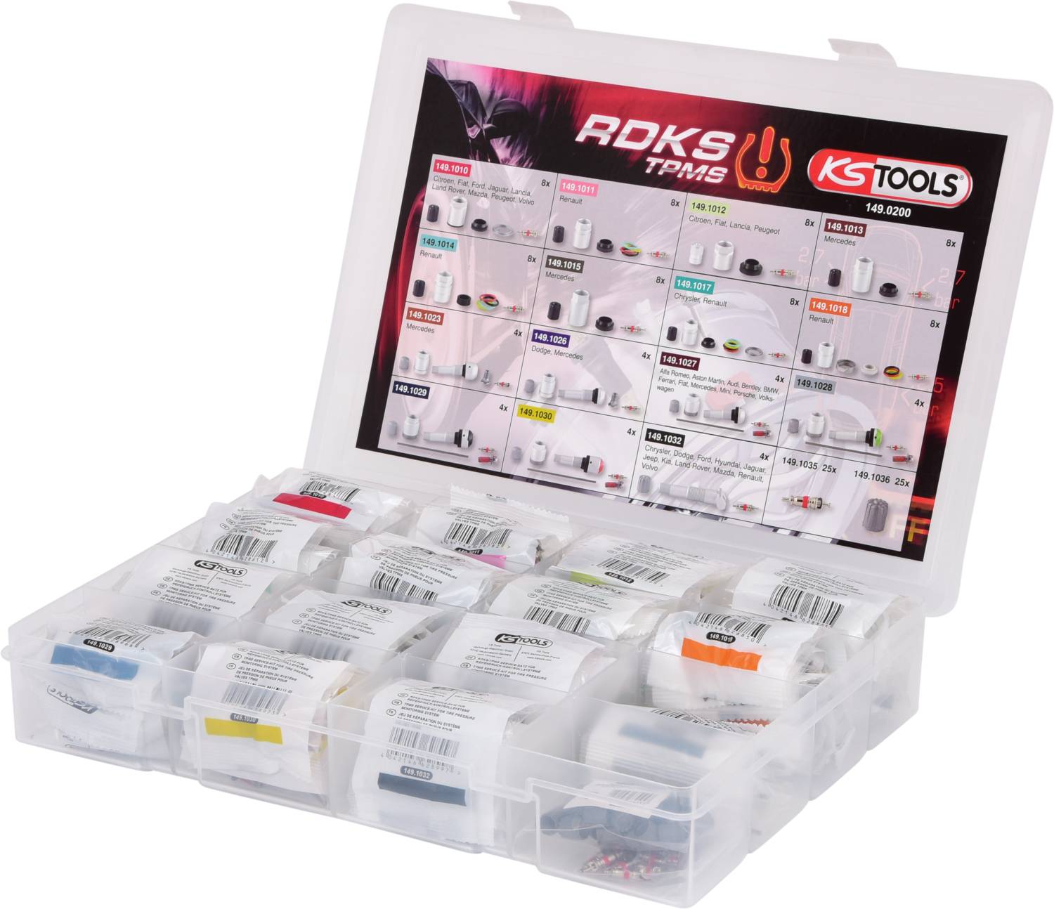 Offene Kunststoffbox mit verschiedenen Sensoren und Zubehör für Reifendruckkontrollsysteme, beschriftet mit RDKS und KS Tools.