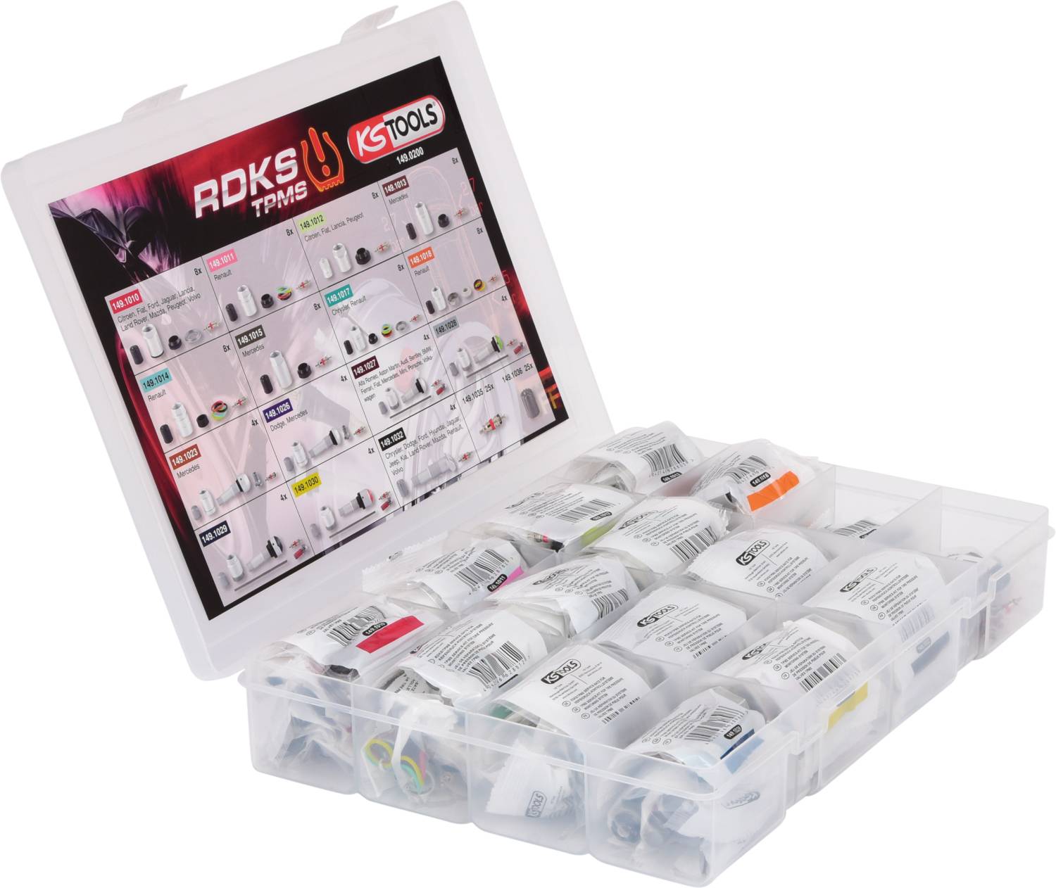 Plastikbox mit mehreren Fächern, gefüllt mit Reifendrucksensoren. Deckel zeigt Übersicht der verschiedenen Sensoren und deren Verwendung.