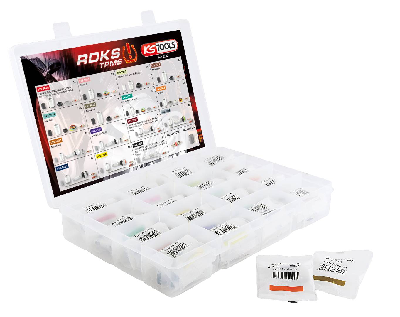 Eine geöffnete Box mit verschiedenen kleinen Fächern, die farbcodierte Ersatzteile enthalten. Ein Etikett zeigt das Logo 'RDKS TPMS'.
