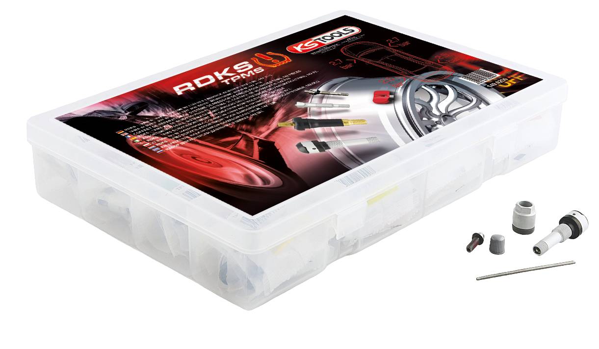 Reifendruckkontrollsystem (RDKS) Kit in Plastikbox. Enthält Sensoren und Zubehör. Verpackung zeigt technisches Design und Logos.