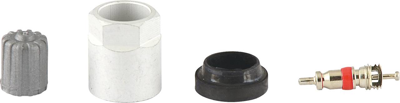 'Set von Ventil-Reparaturteilen': Enthält eine Metallkappe, einen Metallaufsatz, einen Gummiring und einen Ventileinsatz.