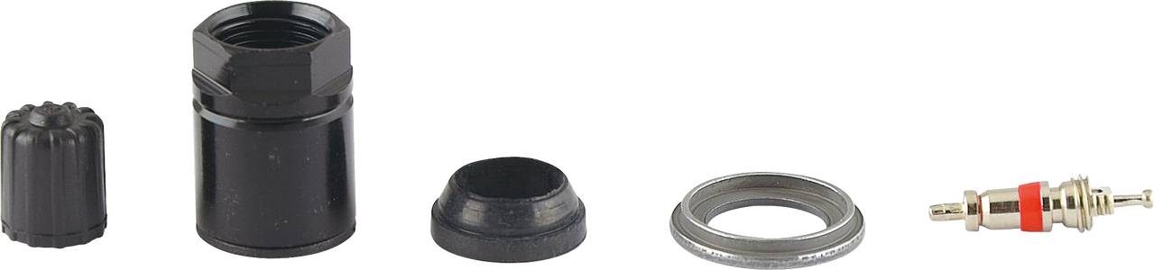 Ein Fahrradventil komplett zerlegt in fünf Einzelteile: Kappe, Ventilrohr, Dichtungsring, Mutter und Ventileinsatz.