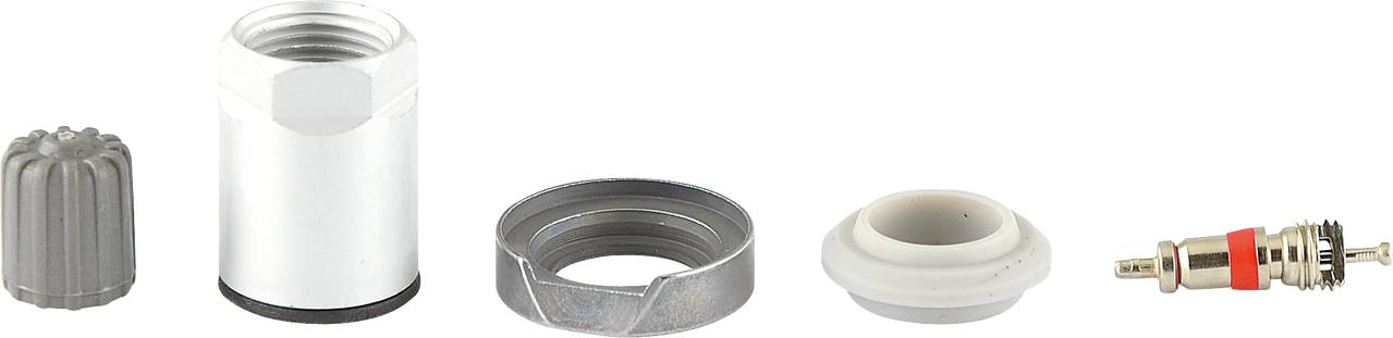 Fünfteiliges Autoventil-Reparatur-Kit mit Ventilkappe, Mutter, Dichtung, Ventilkernhalter und Ventilkern auf weißem Hintergrund.