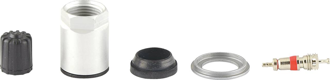 Ein Reifenventil-Reparatursatz bestehend aus Ventilkappe, Ventilgehäuse, Dichtung, Unterlegscheibe und Ventilkern.
