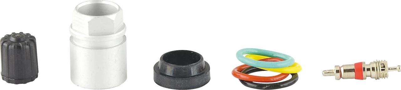 Mehrere Ventilkomponenten, darunter eine schwarze Kappe, ein weißer Zylinder, ein schwarzer Ring, vier farbige Dichtungsringe und ein Ventilstift.